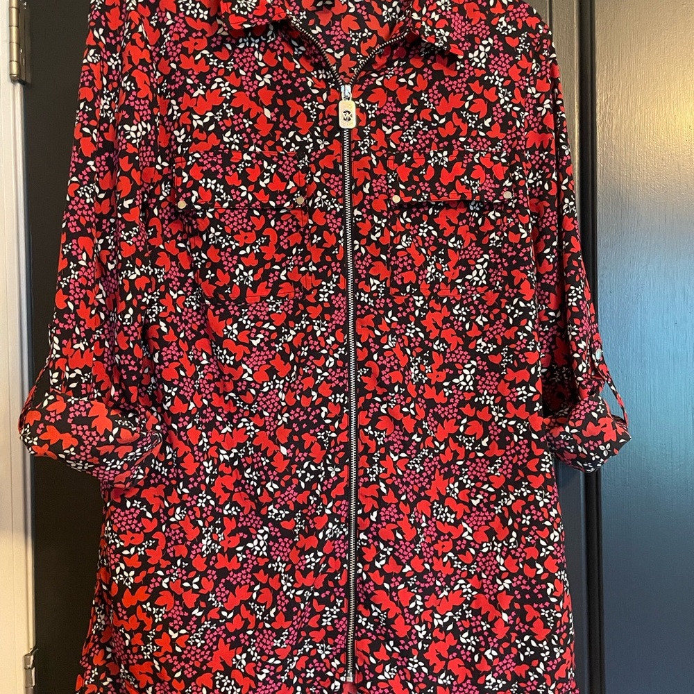 Michael Kors Red and Black Floral Zip-Up Top